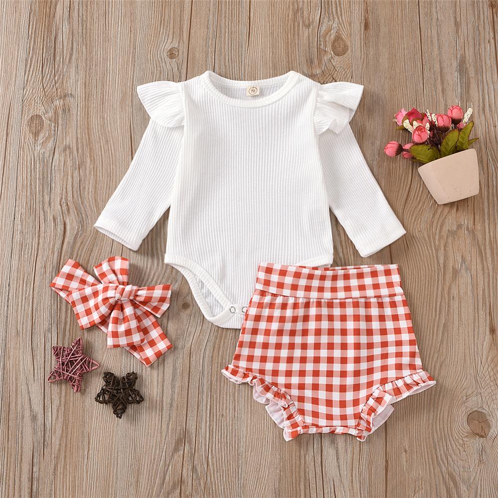 Baby Girls Ruffle Solid Top & Plaid Shorts & Headband Baby Clothing Wholesale - PrettyKid