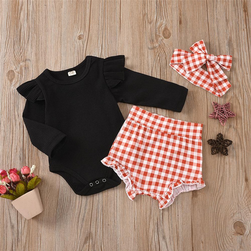 Baby Girls Ruffle Solid Top & Plaid Shorts & Headband Baby Clothing Wholesale - PrettyKid