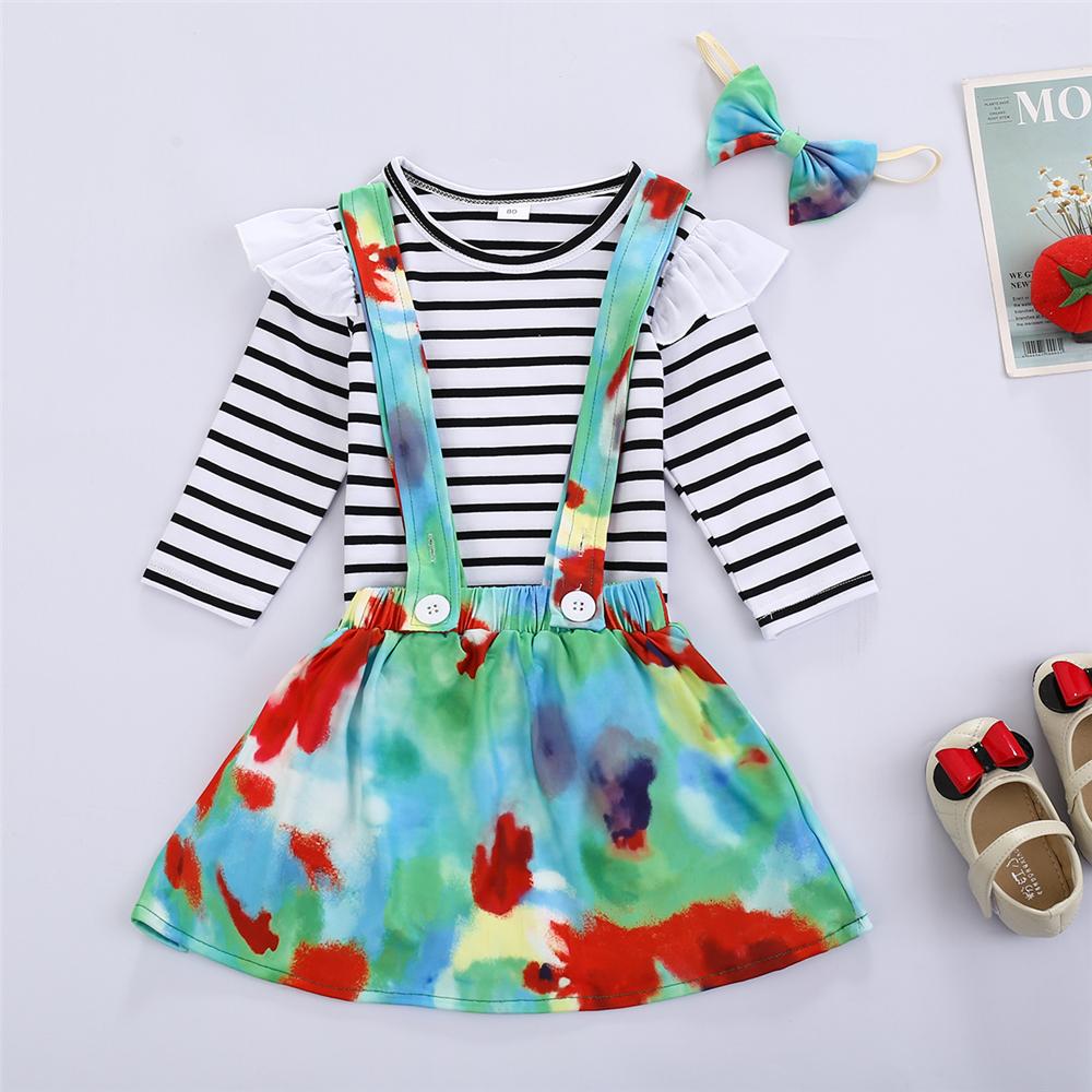 Girls Ruffle Striped Long Sleeve Top & Tie Dye Suspender Skirt Girl Wholesale - PrettyKid