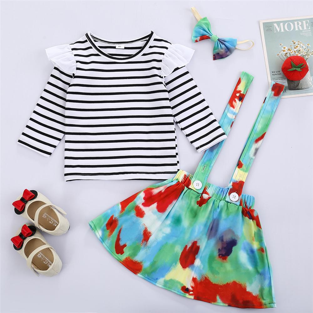 Girls Ruffle Striped Long Sleeve Top & Tie Dye Suspender Skirt Girl Wholesale - PrettyKid