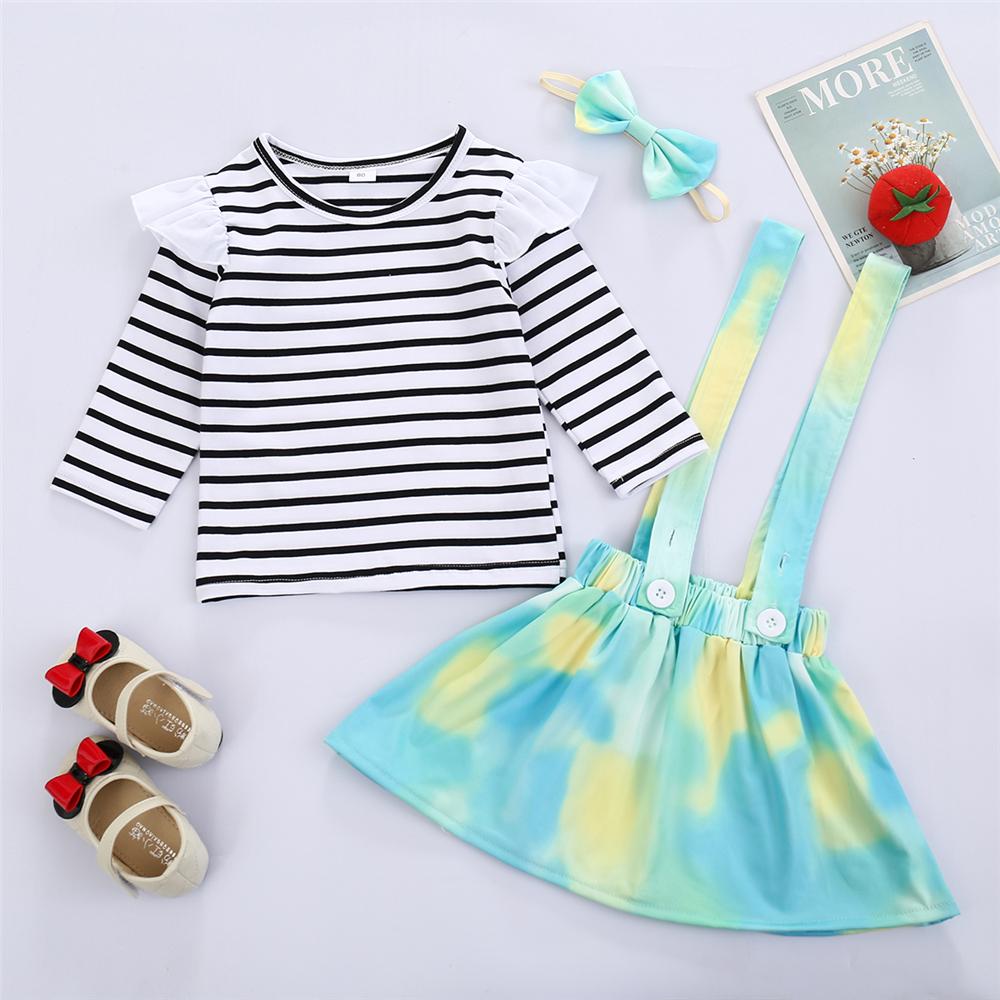 Girls Ruffle Striped Long Sleeve Top & Tie Dye Suspender Skirt Girl Wholesale - PrettyKid