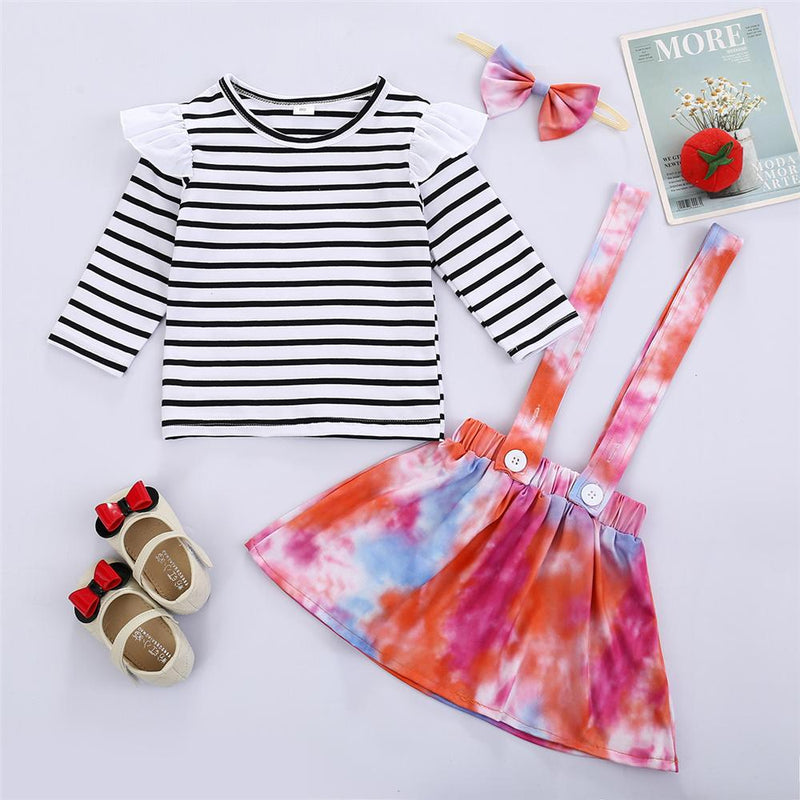 Girls Ruffle Striped Long Sleeve Top & Tie Dye Suspender Skirt Girl Wholesale - PrettyKid