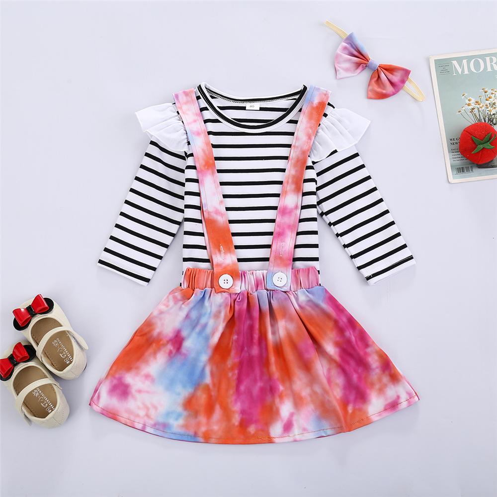 Girls Ruffle Striped Long Sleeve Top & Tie Dye Suspender Skirt Girl Wholesale - PrettyKid