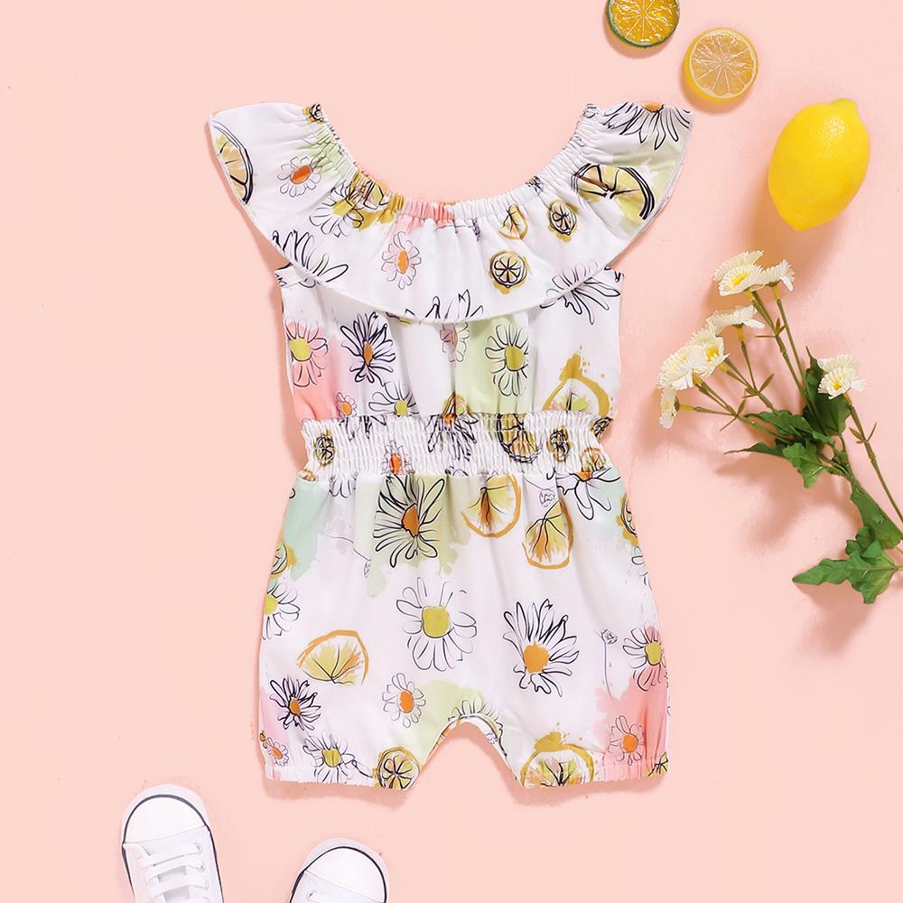 Baby Girls Ruffled Collar Lemon Printed Sleeveless Romper Cheap Boutique Baby clothes - PrettyKid