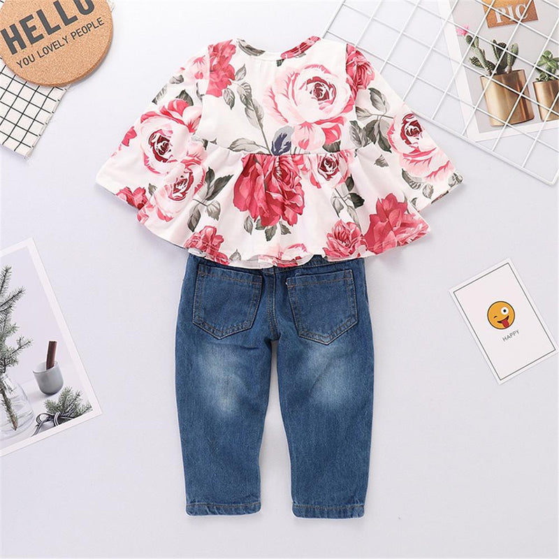 Girls Ruffled Floral Long-sleeve Casual Top & Jeans - PrettyKid