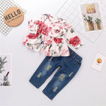 Girls Ruffled Floral Long-sleeve Casual Top & Jeans - PrettyKid