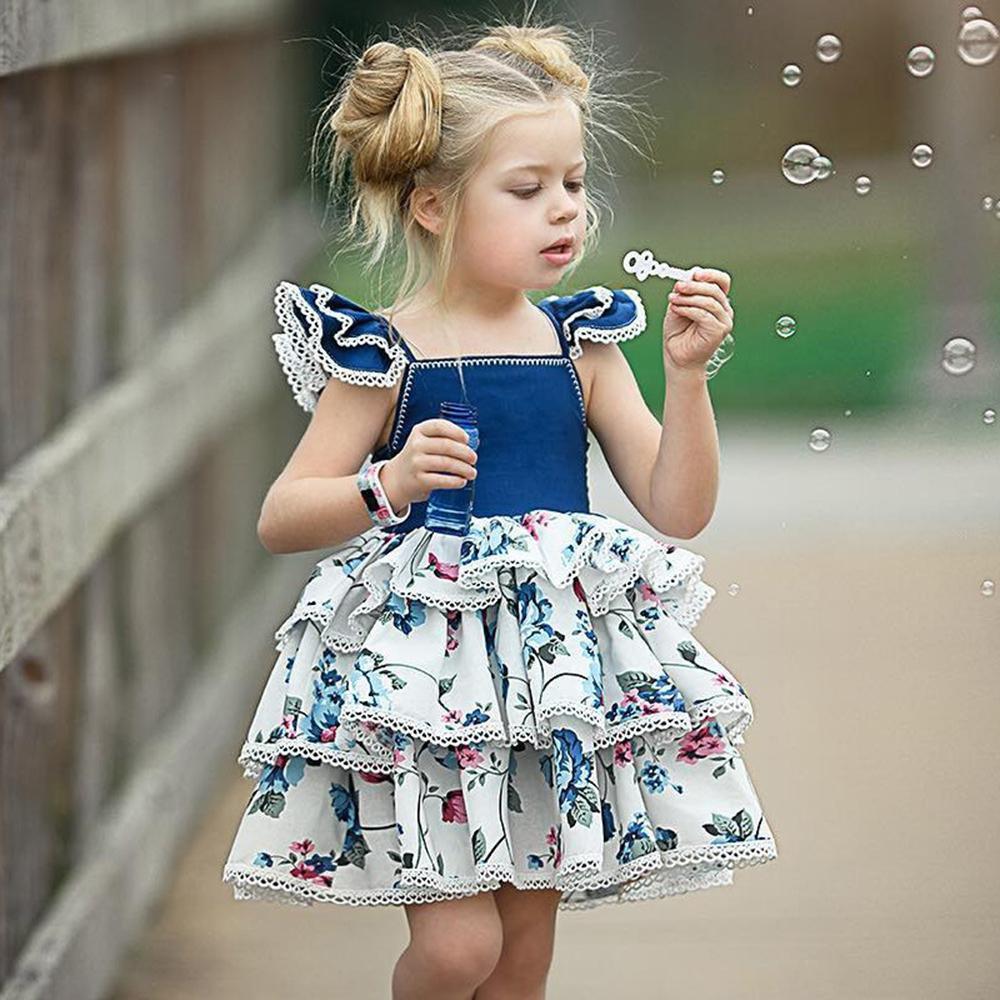 Girls Ruffled Floral Printed Layered Sleeveless Dress Girls clothes Wholesale - PrettyKid