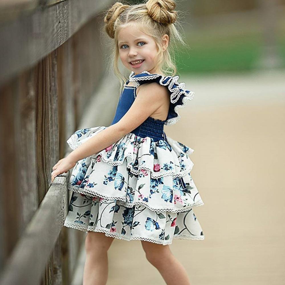Girls Ruffled Floral Printed Layered Sleeveless Dress Girls clothes Wholesale - PrettyKid