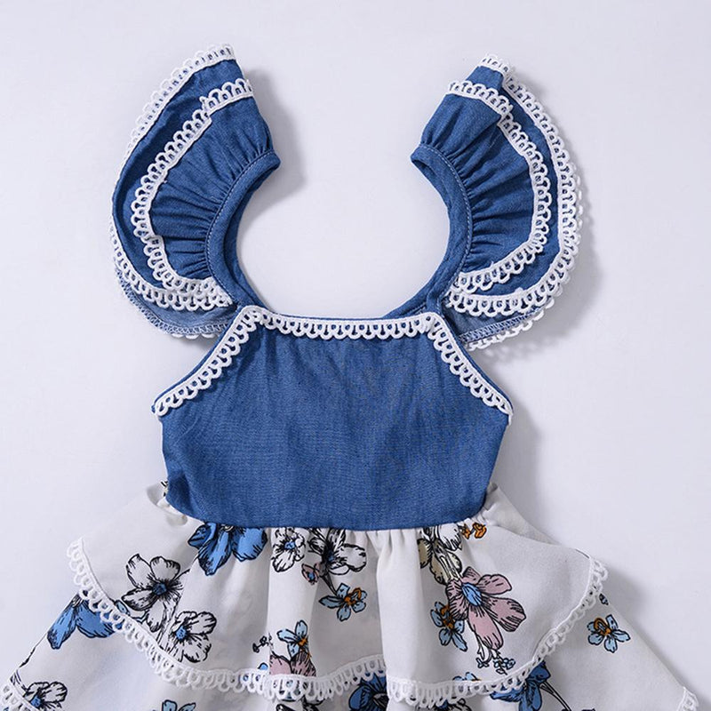 Girls Ruffled Floral Printed Layered Sleeveless Dress Girls clothes Wholesale - PrettyKid