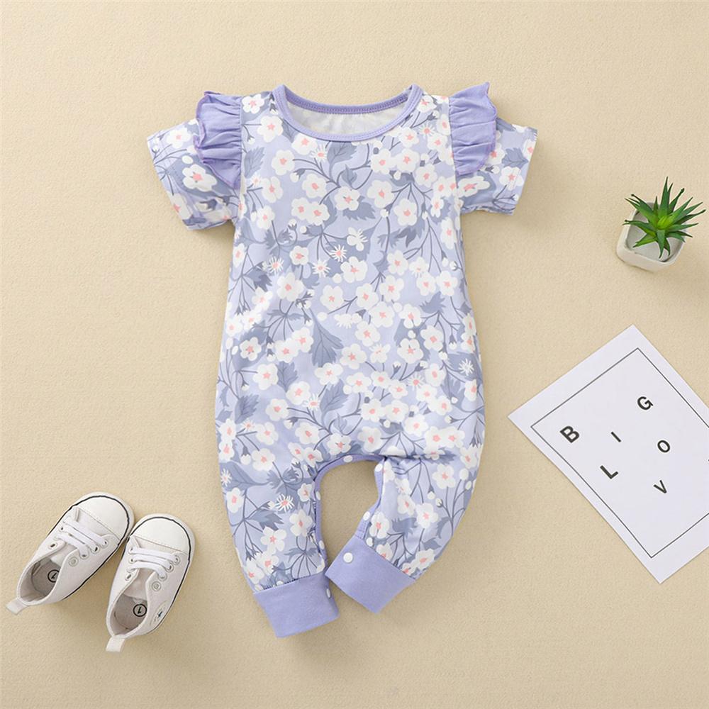 Baby Girls Ruffled Floral Printed Short Sleeve Romper Baby Boutique Wholesale - PrettyKid