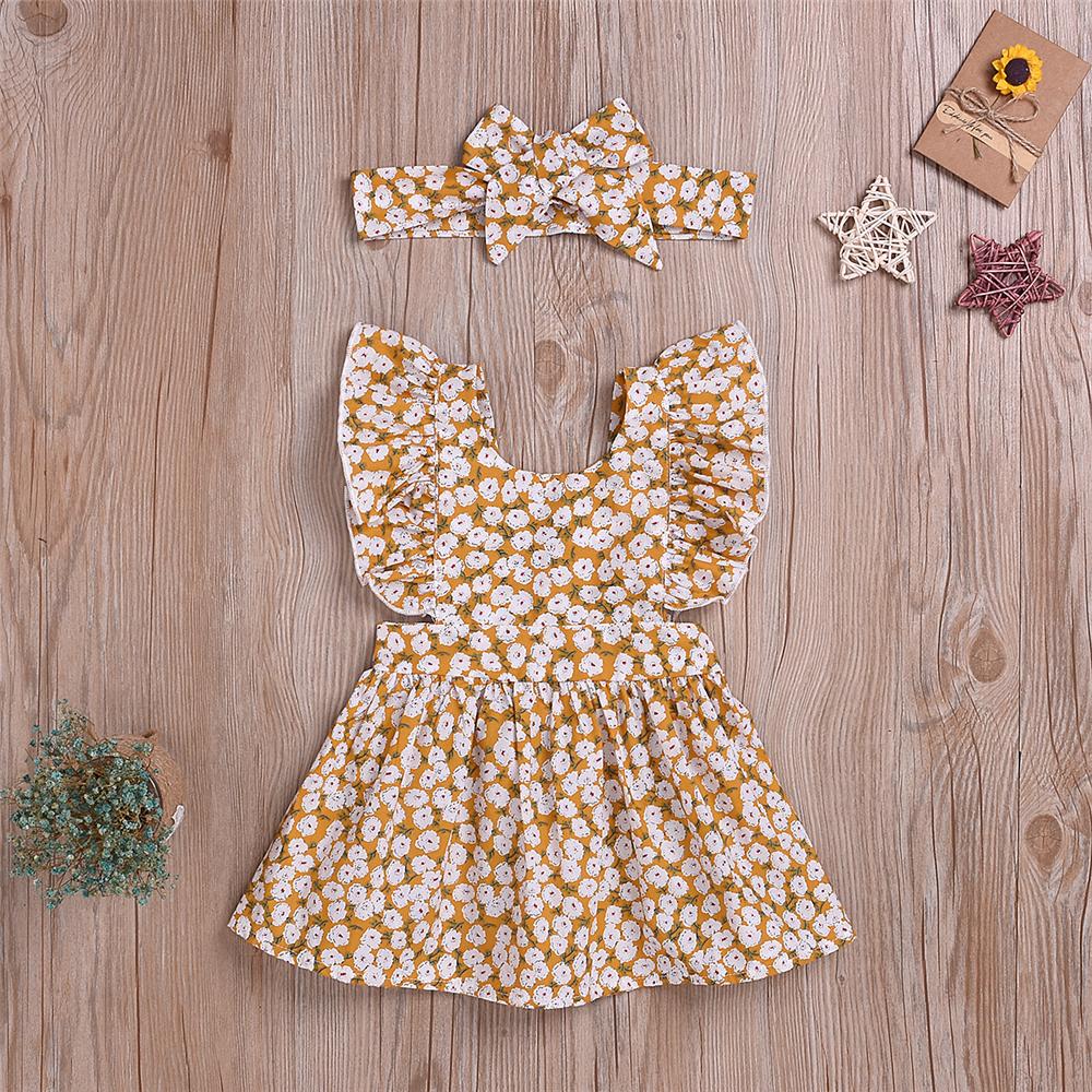 Baby Girls Ruffled Floral Printed Summer Dress & Headband Wholesale Baby Dresses - PrettyKid