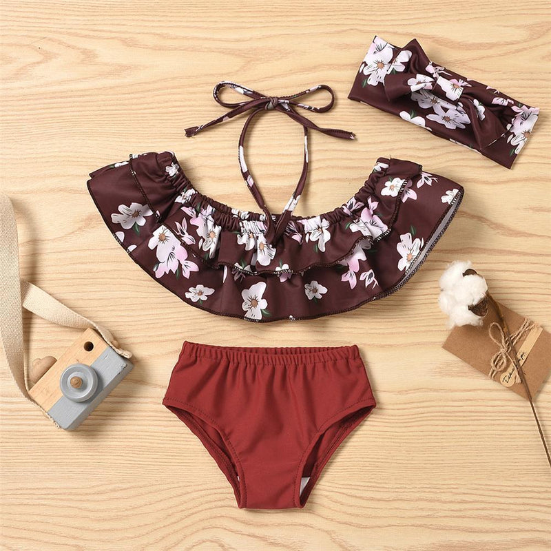 Baby Girls Ruffled Floral Printed Top & Shorts & Headband Toddler 2 Piece Swimsuitwholesale girls boutique clothing - PrettyKid