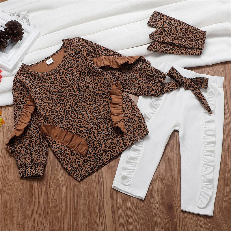 Toddler Girls Ruffled Leopard Long Sleeve Top & Pants & Headband Wholesale - PrettyKid