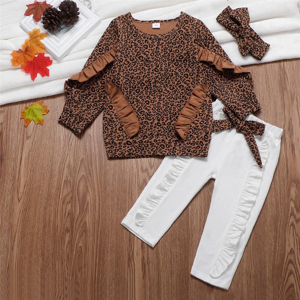 Toddler Girls Ruffled Leopard Long Sleeve Top & Pants & Headband Wholesale - PrettyKid