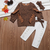 Toddler Girls Ruffled Leopard Long Sleeve Top & Pants & Headband Wholesale - PrettyKid
