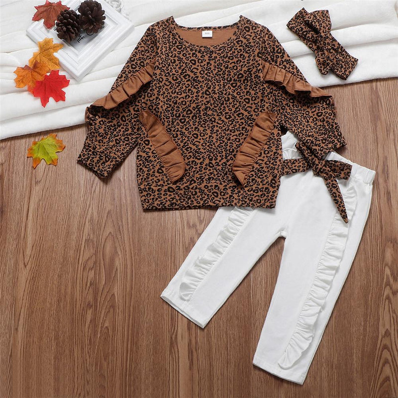 Toddler Girls Ruffled Leopard Long Sleeve Top & Pants & Headband Wholesale - PrettyKid