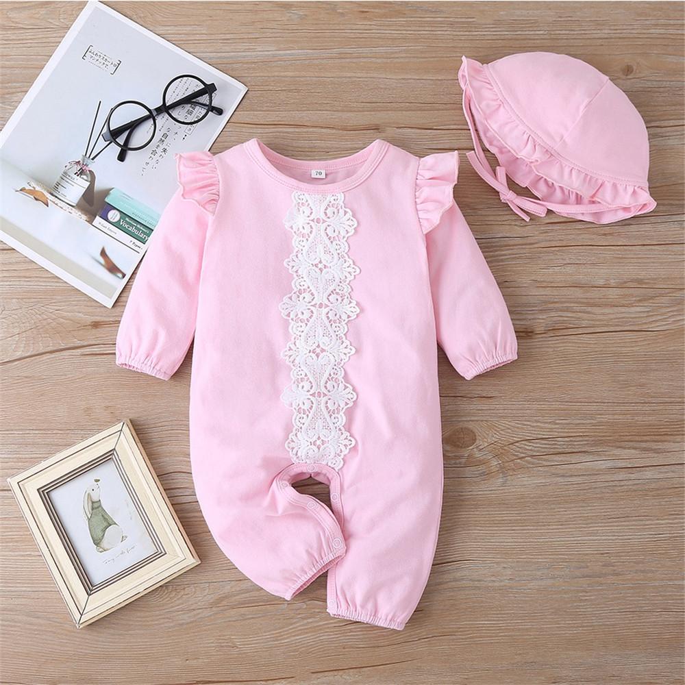 Baby Ruffled Long Sleeve Lace Romper & Hat - PrettyKid