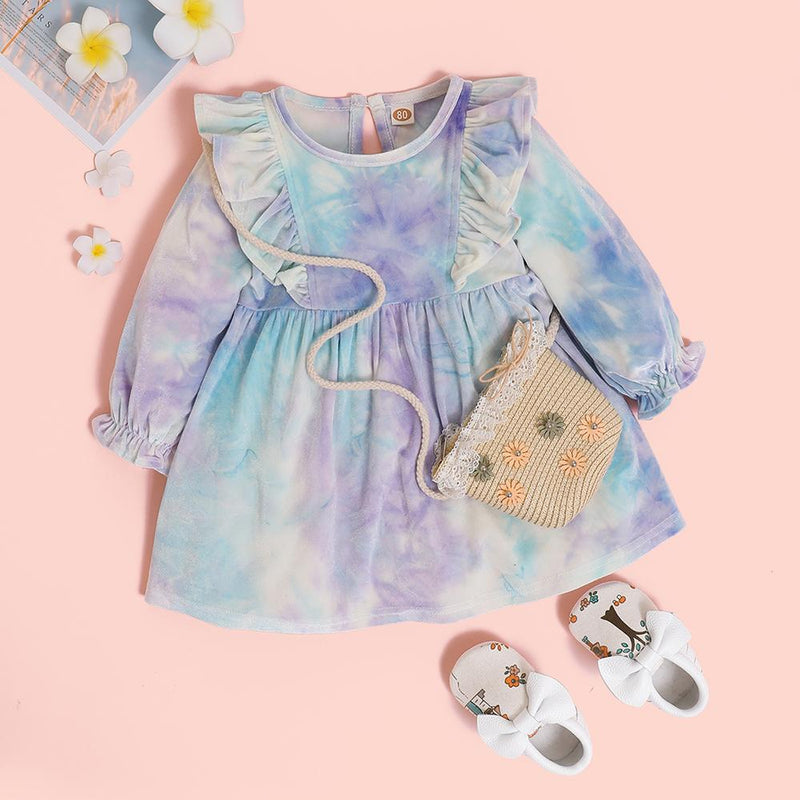 Baby Girls Ruffled Long Sleeve Tie Dye Dress Wholesale Baby Clothing Distributors - PrettyKid