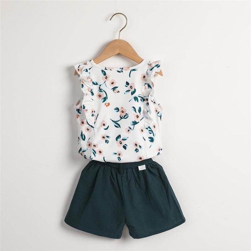 Girls Ruffled Sleeve Floral Printed Top & Solid Shorts Kid Apparel Wholesale - PrettyKid