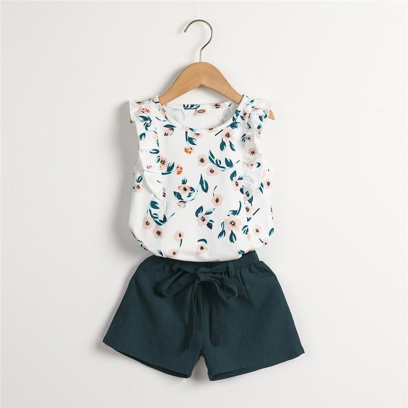 Girls Ruffled Sleeve Floral Printed Top & Solid Shorts Kid Apparel Wholesale - PrettyKid