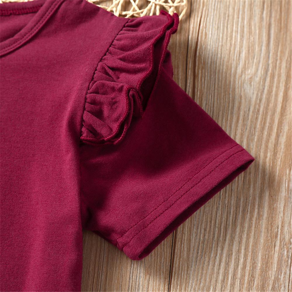 Girls Ruffled Solid Color Short Sleeve Top & Floral Printed Suspender Skirt & Headband Girls clothing Wholesale - PrettyKid