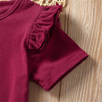 Girls Ruffled Solid Color Short Sleeve Top & Floral Printed Suspender Skirt & Headband Girls clothing Wholesale - PrettyKid