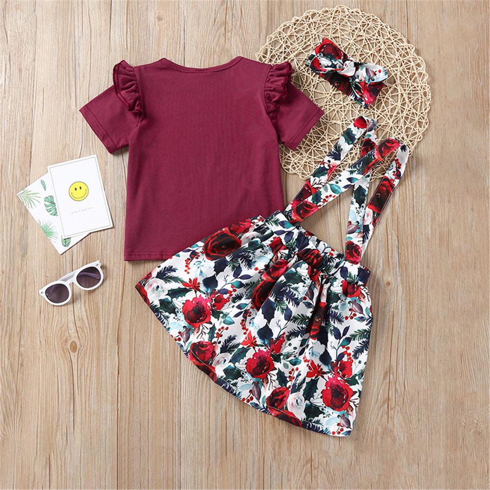 Girls Ruffled Solid Color Short Sleeve Top & Floral Printed Suspender Skirt & Headband Girls clothing Wholesale - PrettyKid