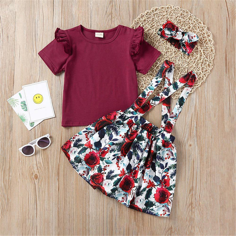 Girls Ruffled Solid Color Short Sleeve Top & Floral Printed Suspender Skirt & Headband Girls clothing Wholesale - PrettyKid