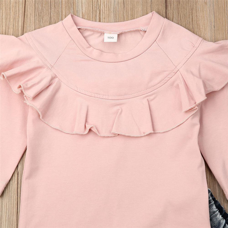 Girls Ruffled Solid Crew Neck T-shirt & Jeans Wholesale Girls Clothing - PrettyKid