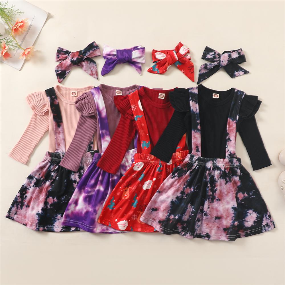 Girls Ruffled Solid Long Sleeve Top & Tie-dye Suspender Skirt Trendy Kids Wholesale Clothing - PrettyKid