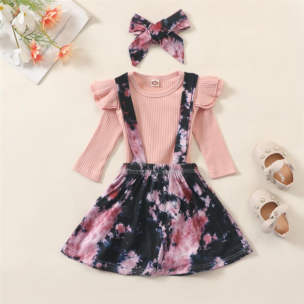 Girls Ruffled Solid Long Sleeve Top & Tie-dye Suspender Skirt Trendy Kids Wholesale Clothing - PrettyKid