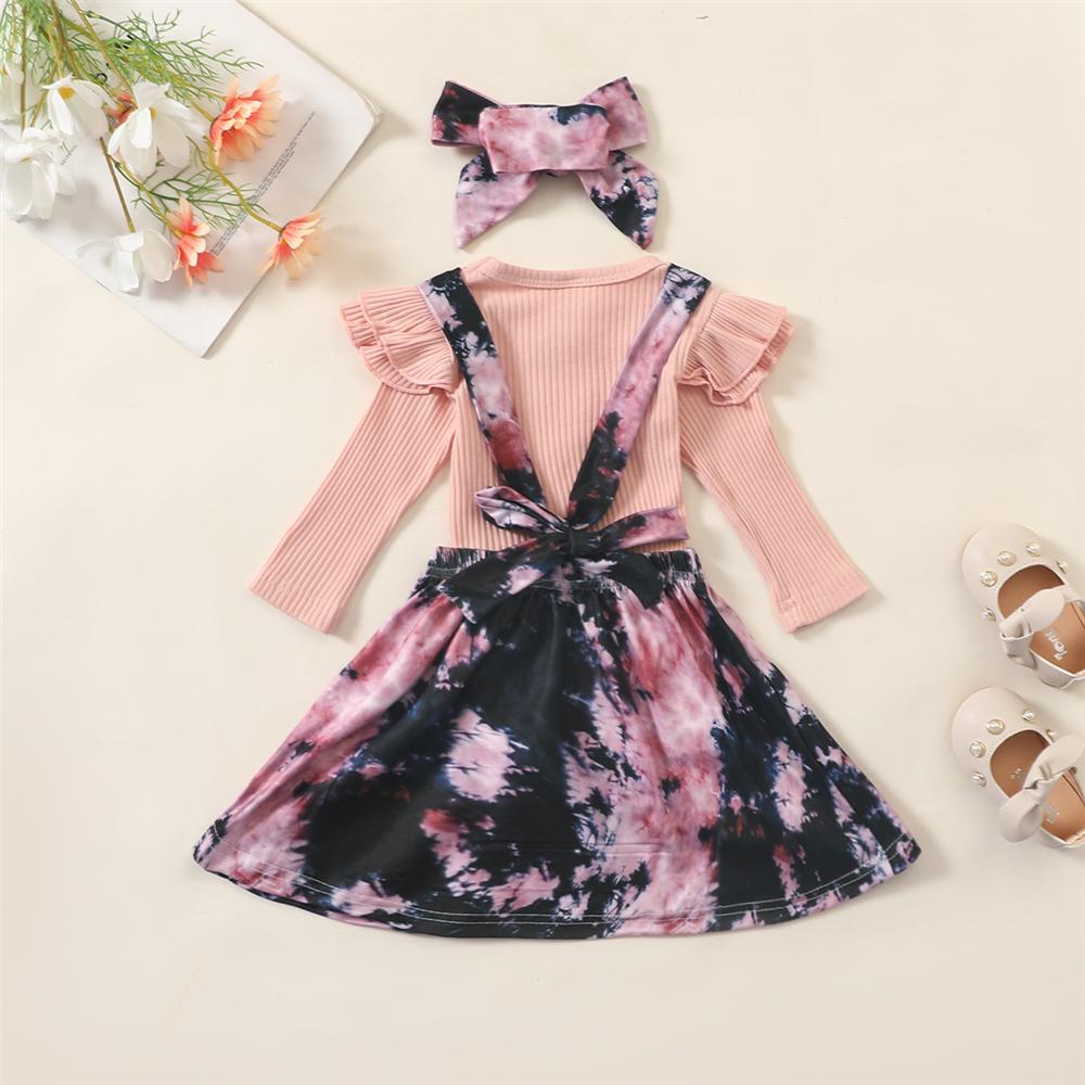 Girls Ruffled Solid Long Sleeve Top & Tie-dye Suspender Skirt Trendy Kids Wholesale Clothing - PrettyKid