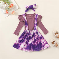 Girls Ruffled Solid Long Sleeve Top & Tie-dye Suspender Skirt Trendy Kids Wholesale Clothing - PrettyKid