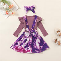 Girls Ruffled Solid Long Sleeve Top & Tie-dye Suspender Skirt Trendy Kids Wholesale Clothing - PrettyKid