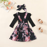 Girls Ruffled Solid Long Sleeve Top & Tie-dye Suspender Skirt Trendy Kids Wholesale Clothing - PrettyKid