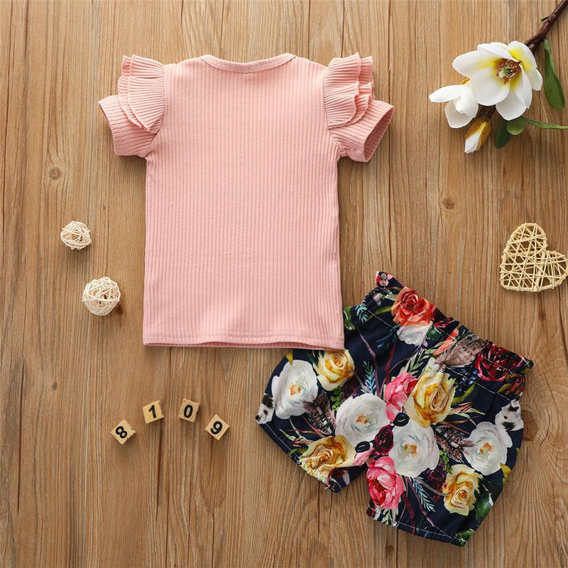 Girls Ruffled Solid Short Sleeve Top & Floral Printed Shorts Wholesale Girl Boutique clothes - PrettyKid