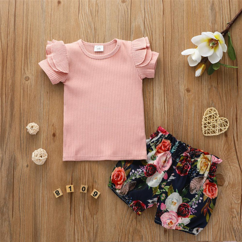 Girls Ruffled Solid Short Sleeve Top & Floral Printed Shorts Wholesale Girl Boutique clothes - PrettyKid