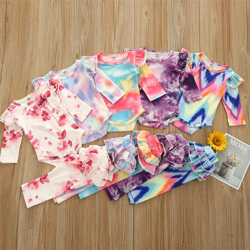 Baby Girls Ruffled Tie Dye Long Sleeve Romper & Pants Babywear Wholesale - PrettyKid