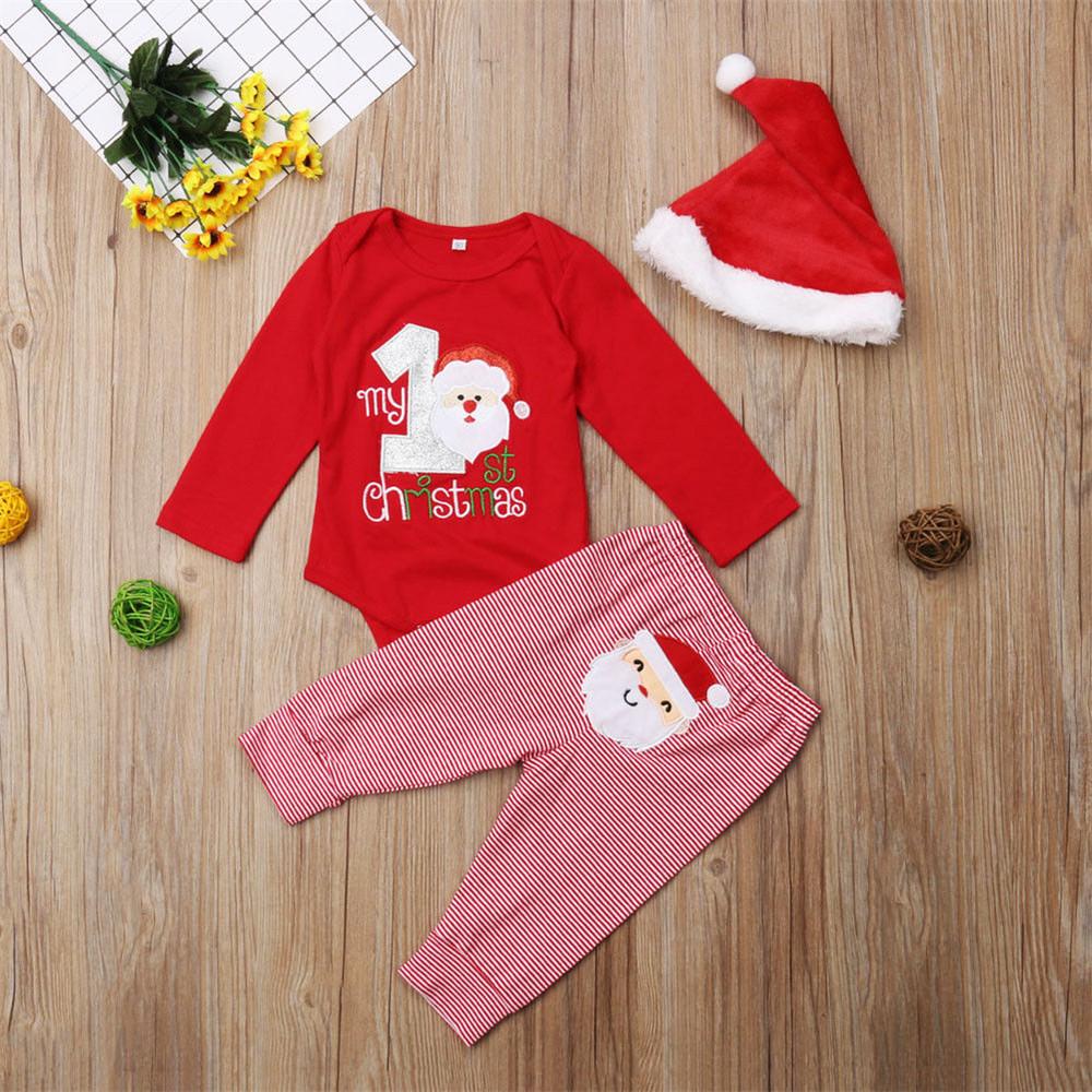 Baby Christmas Santa Claus Long Sleeve Romper & Striped Pants & Hat - PrettyKid