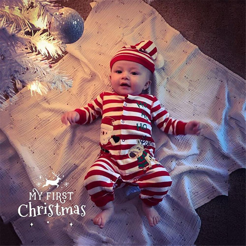 Baby Boys Santa Claus Pattern Embroidered Striped Romper Baby Wholesale - PrettyKid