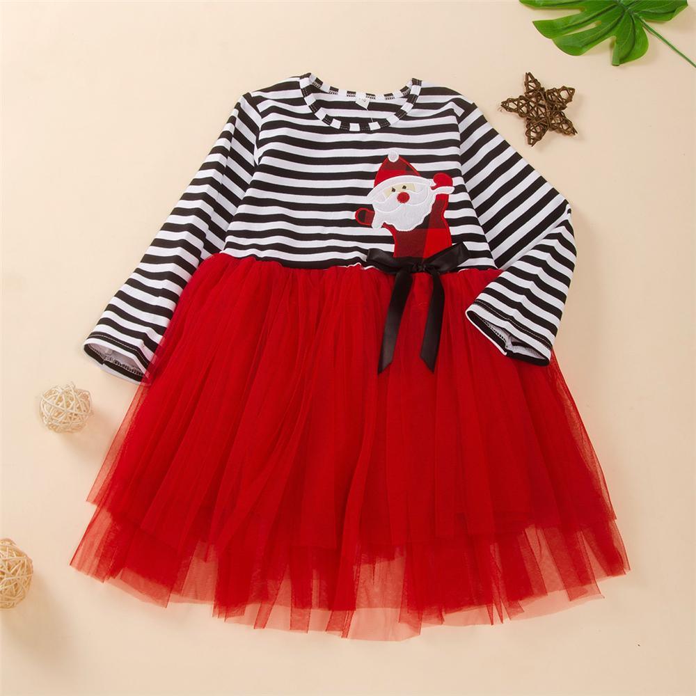 Girls Santa Claus Striped Tulle Dress Wholesale Kids Boutique Clothing - PrettyKid