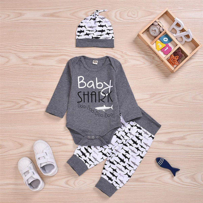 Baby Boys Shark Printed Romper & Bottoms & Hat Cheap Baby Boutique Clothes - PrettyKid