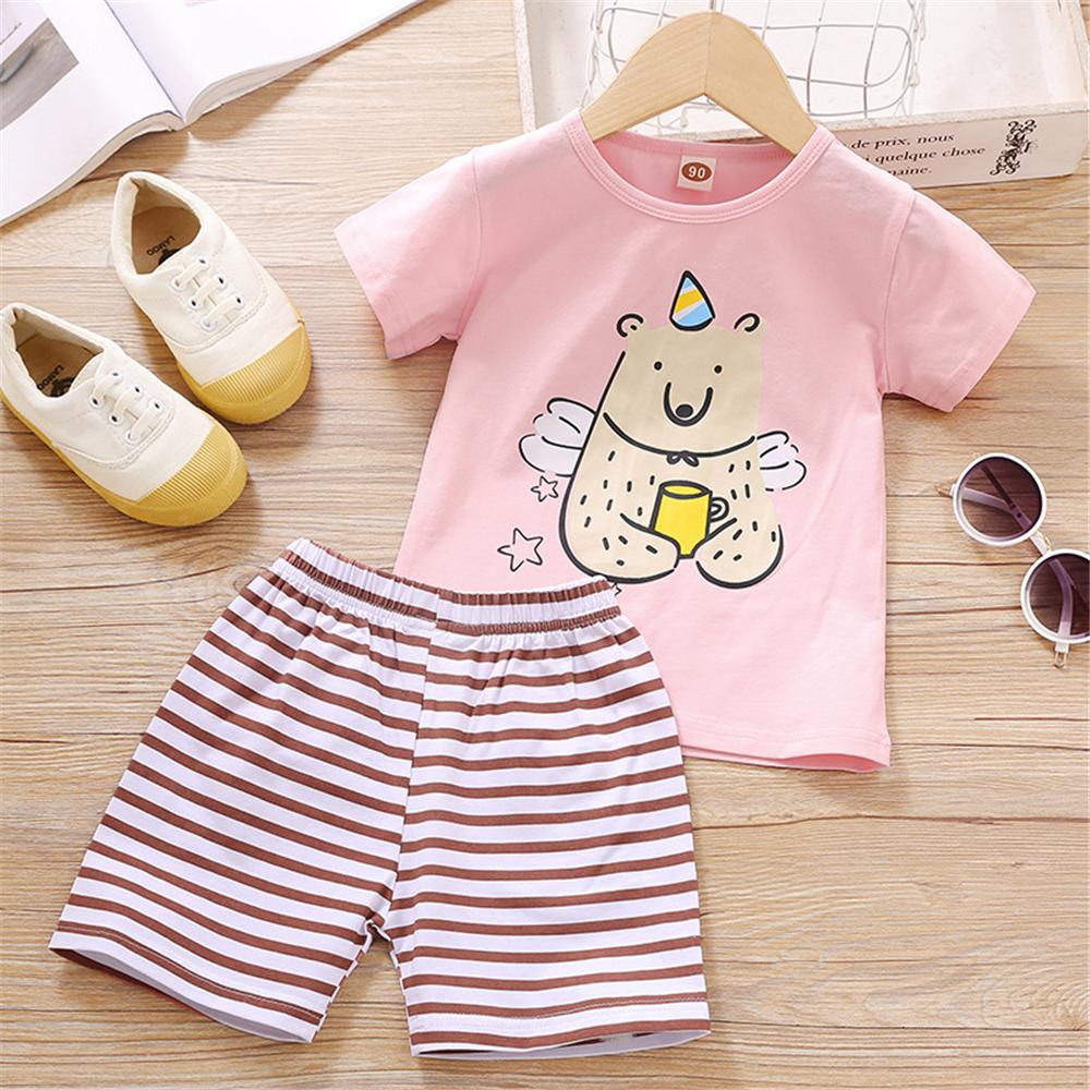 Toddler Girls Short Sleeve Cartoon Cartoon Animal Printed T-shirt & Striped Shorts children's fashion clothing wholesale - PrettyKid