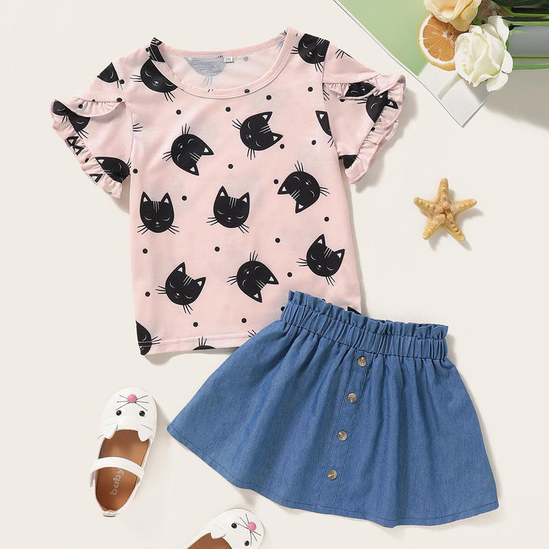 Girls Short Sleeve Cartoon Kitty Printed Top & Solid Skirt Bulk Childrens clothing - PrettyKid