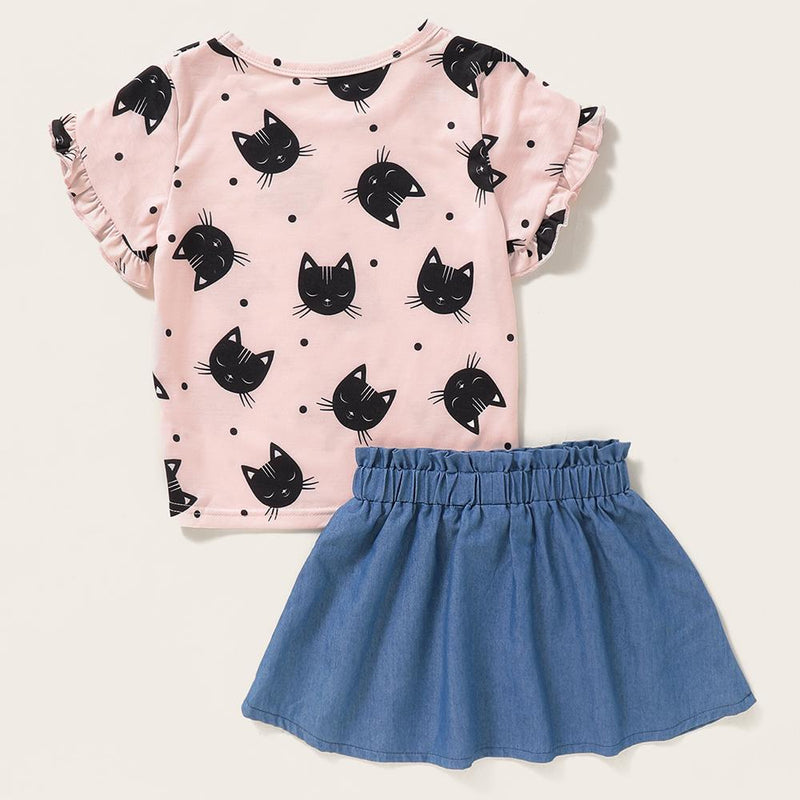 Girls Short Sleeve Cartoon Kitty Printed Top & Solid Skirt Bulk Childrens clothing - PrettyKid