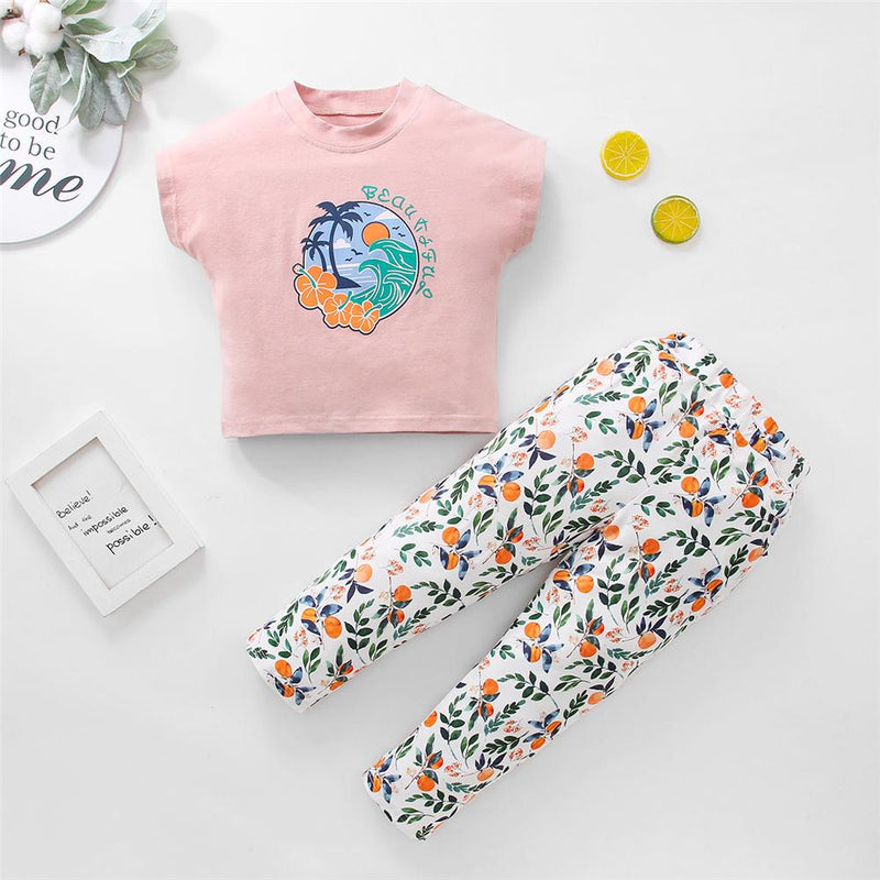 Girls Short Sleeve Cartoon Letter Printed Top & Pants Girl Boutique clothes Wholesale - PrettyKid