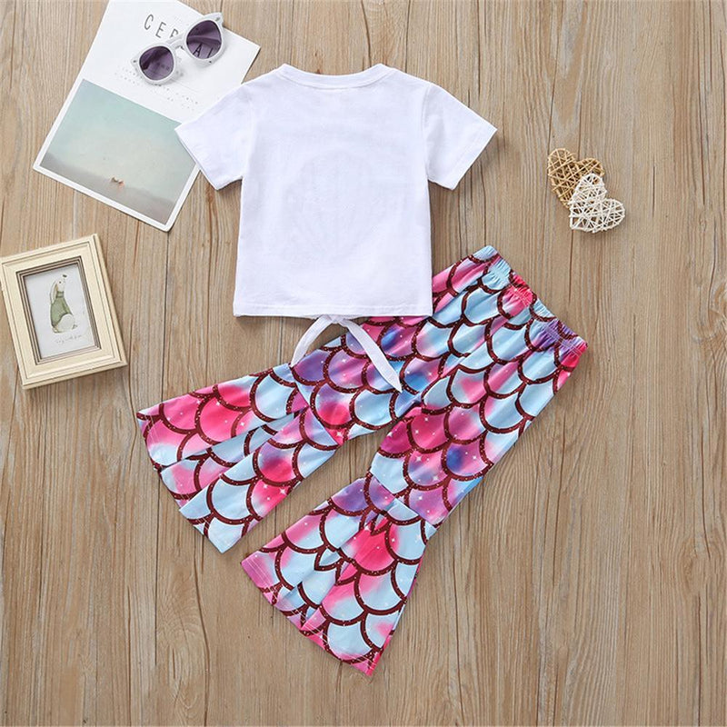 Girls Short Sleeve Cartoon Shell Printed Top & Bell Trousers Wholesale Girl clothes - PrettyKid