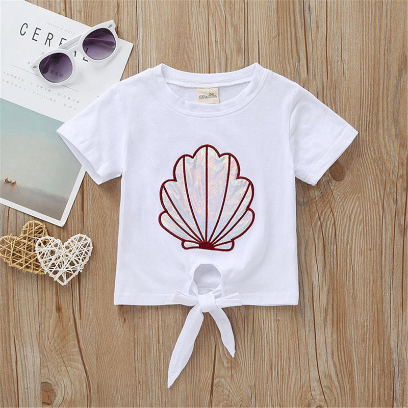 Girls Short Sleeve Cartoon Shell Printed Top & Bell Trousers Wholesale Girl clothes - PrettyKid