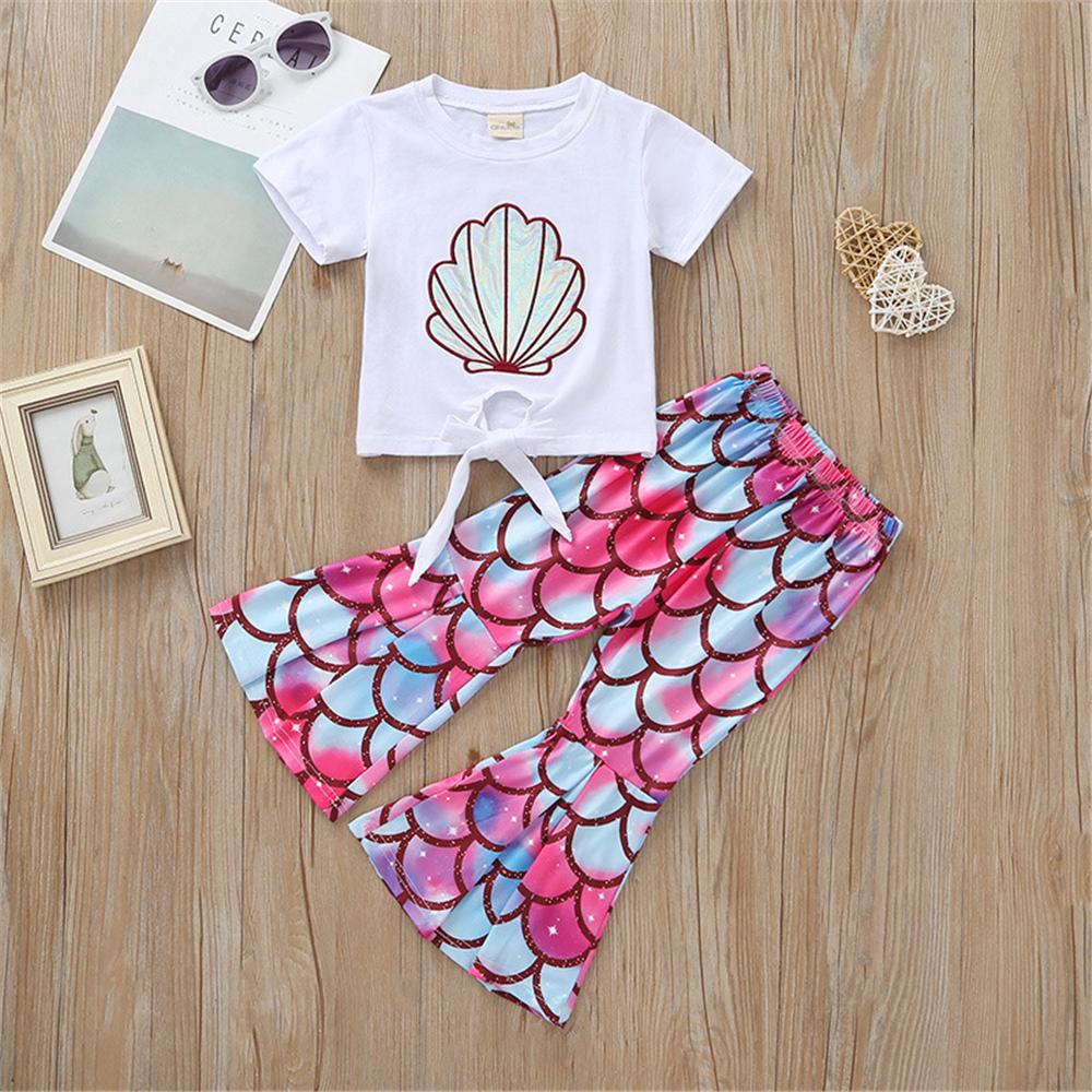 Girls Short Sleeve Cartoon Shell Printed Top & Bell Trousers Wholesale Girl clothes - PrettyKid