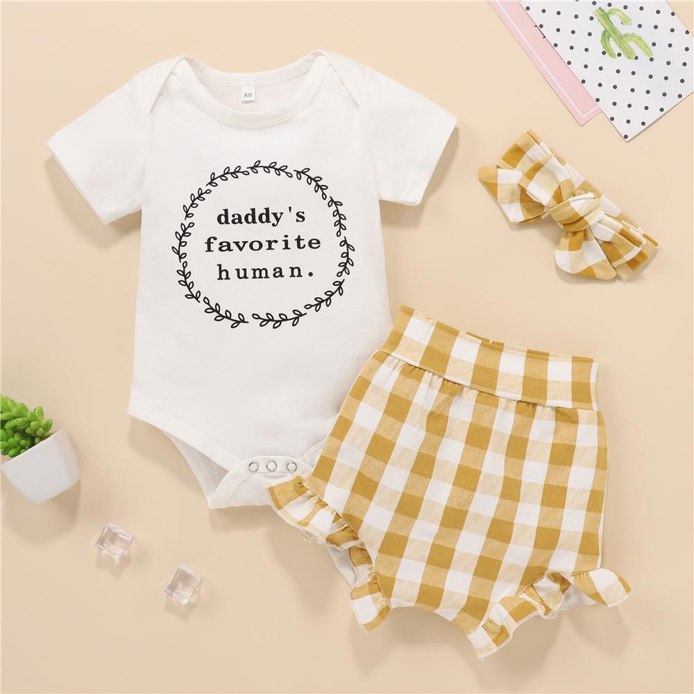 Baby Girls Short Sleeve Daddy's Favorite Human Romper & Plaid Shorts Baby Clothing Warehouse - PrettyKid